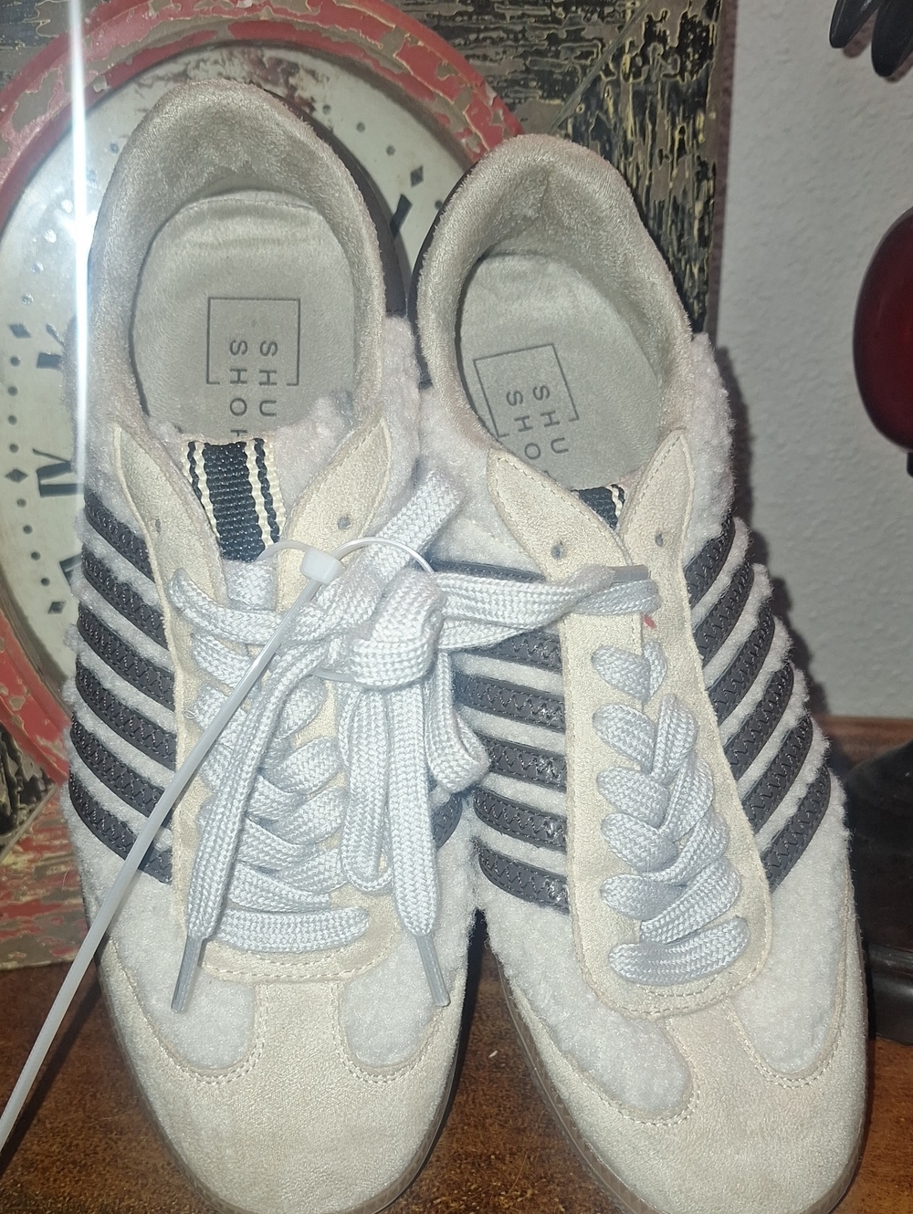 ShuShop Cream Sneakers with Brown Striped Accents
